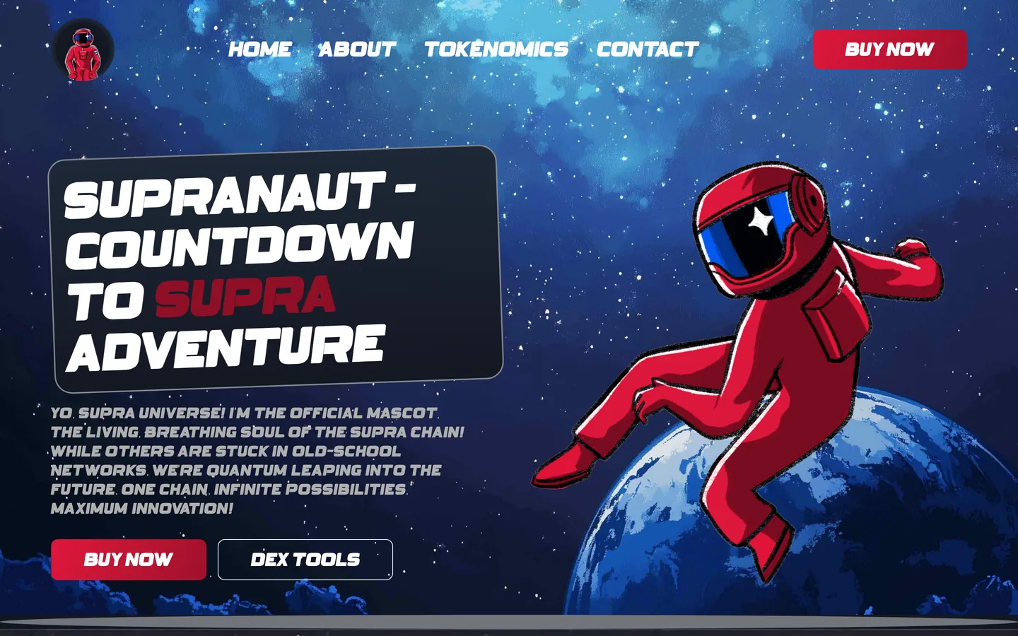 SupraNaut website as delivered, a blue hero, headline "SUPRANAUT - COUNTDOWN TO SUPRA ADVENTURE"