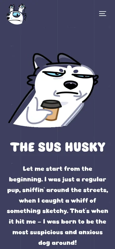 The same The Sus Husky build on a 390px phone screen, the 5 sections stacked into one column