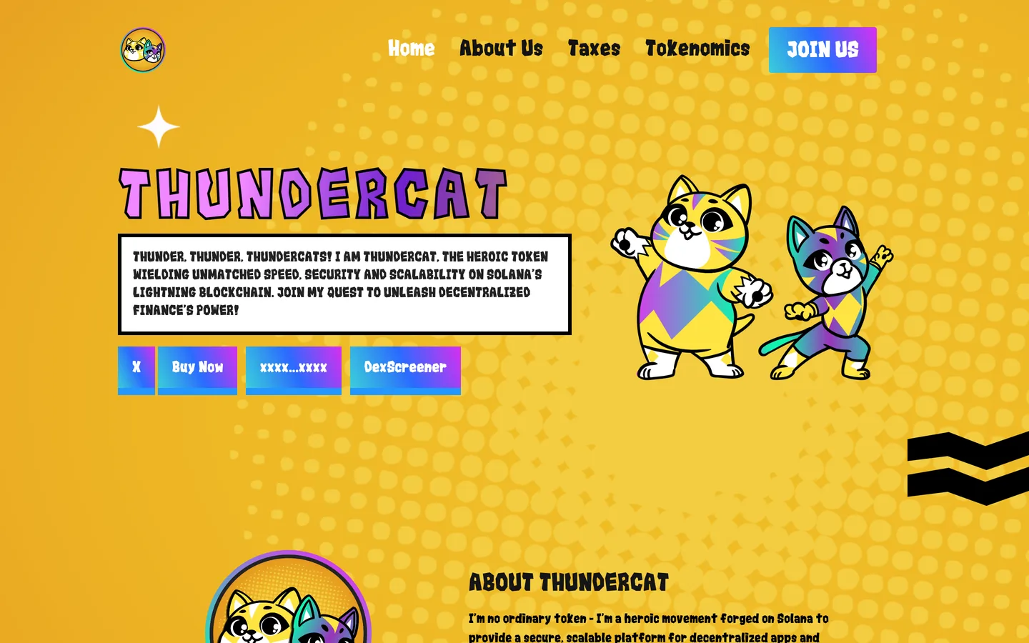 Thundercat website as delivered, a yellow hero, 7 sections