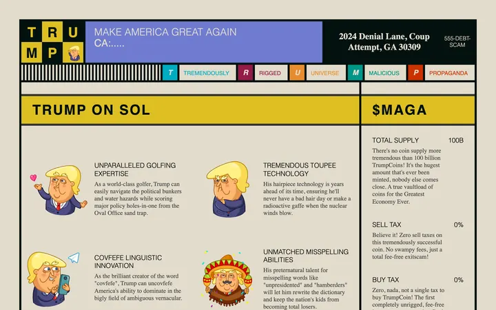 Trump on Sol meme coin website, a white hero