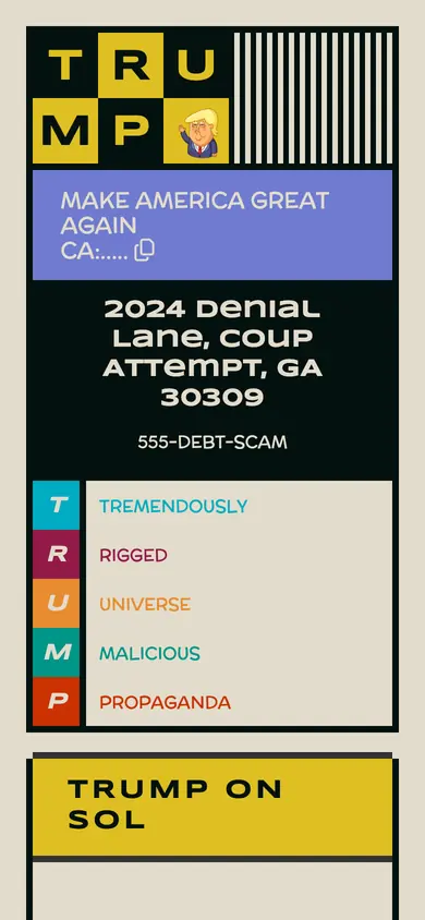 The same Trump on Sol build on a 390px phone screen, the 6 sections stacked into one column