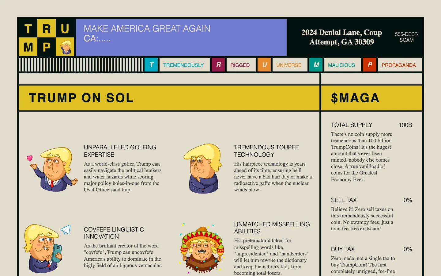 Trump on Sol website as delivered, a white hero, 6 sections