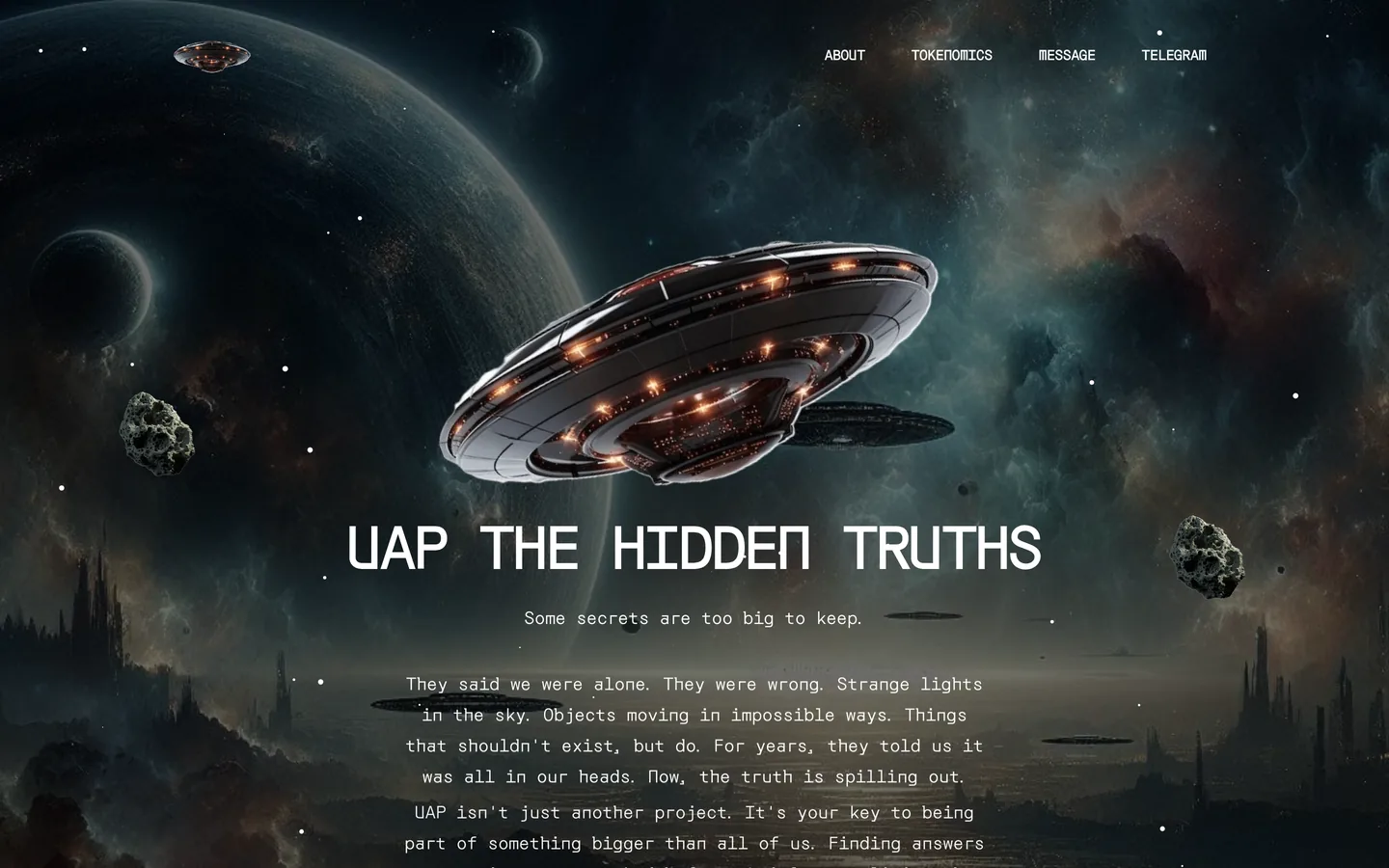 UAP website as delivered, a dark teal hero, headline "UAP The Hidden Truths"