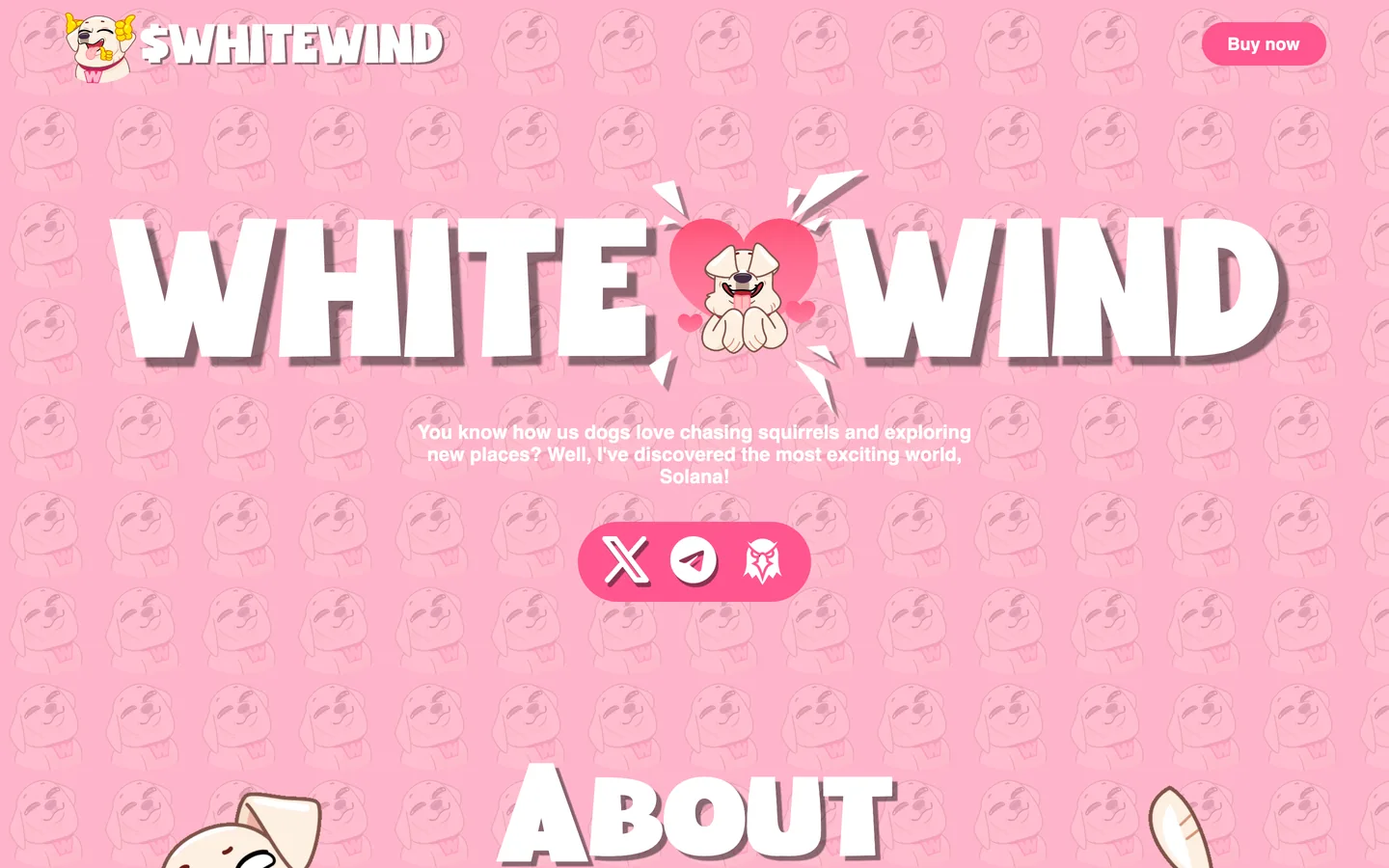 $WHITEWIND website as delivered, a pink hero, headline "WHITE WIND"