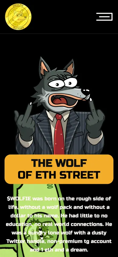 The same Wolfie (Wolf of ETH Street) build on a 390px phone screen, the 9 sections stacked into one column