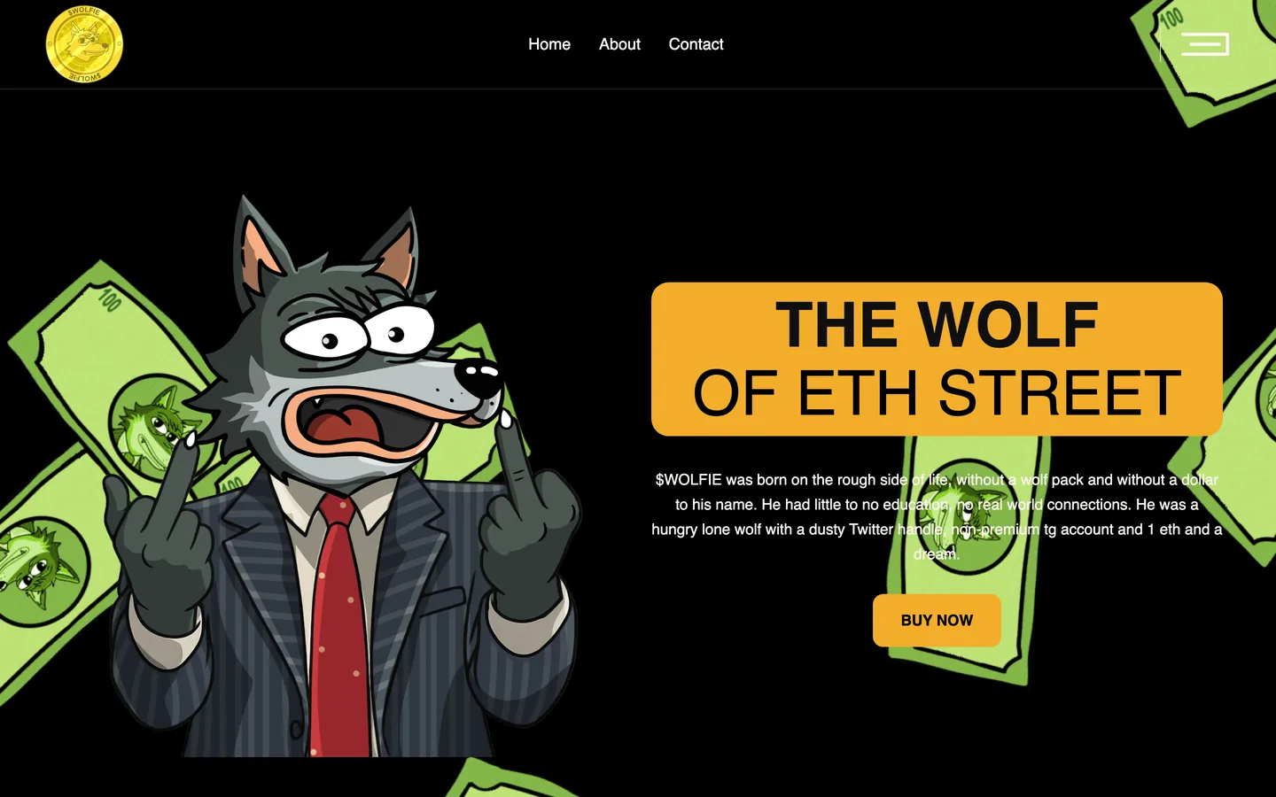 Wolfie (Wolf of ETH Street) website as delivered, a black hero, headline "The Wolf Of ETH Street"